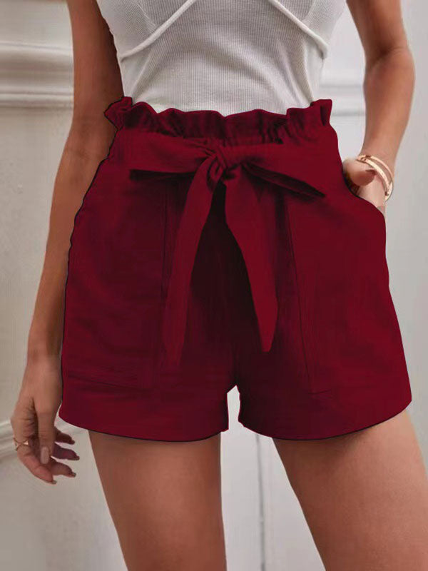 Linen Shorts Elastic Waist Bow Tie Pockets Cute Summer Bottoms