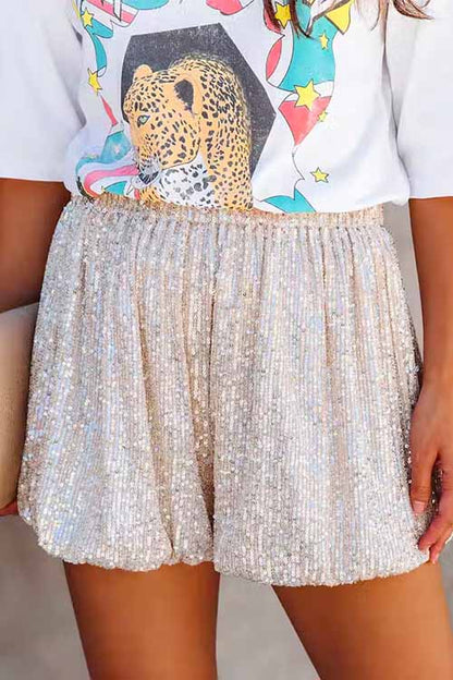 Margovil Stylish Elastic Waist Ruched Sequin Shorts