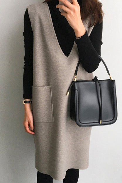 Margovil V Neck Sleeveless Woolen Vest Pocketed Dress (6 colors Available)