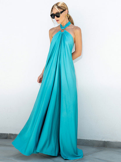 Halter Backless Women Maxi Dress - Satin Minimalist Flowy Gown - Summer Vacation Beach Party 2026