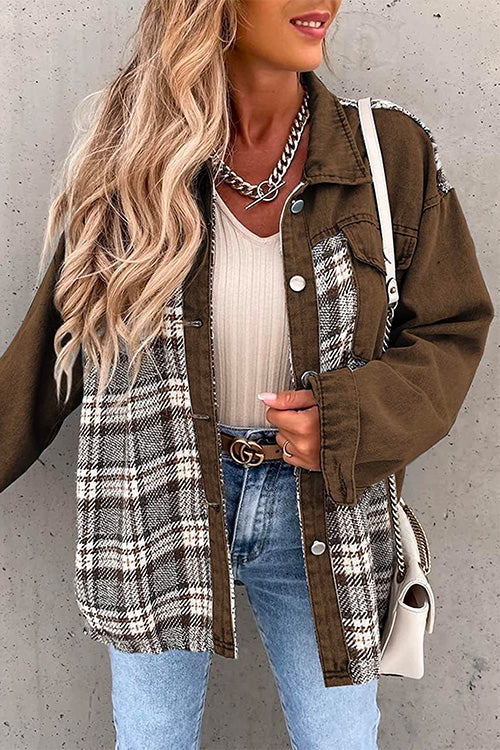 Margovil Button Down Long Sleeve Splice Plaid Jacket