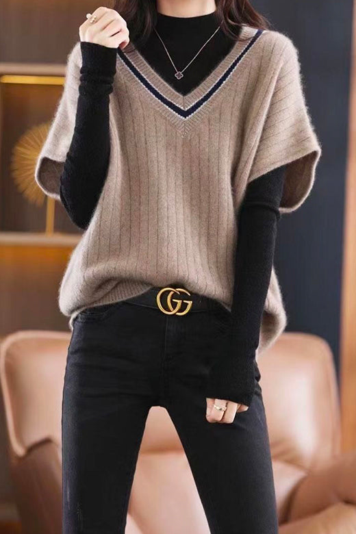 margovil V Neck Short Sleeve Color Block Sweater