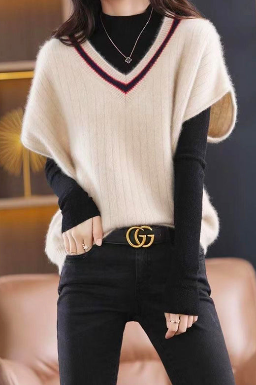 margovil V Neck Short Sleeve Color Block Sweater