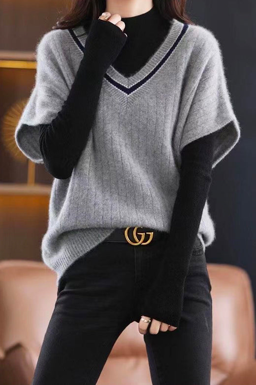 margovil V Neck Short Sleeve Color Block Sweater
