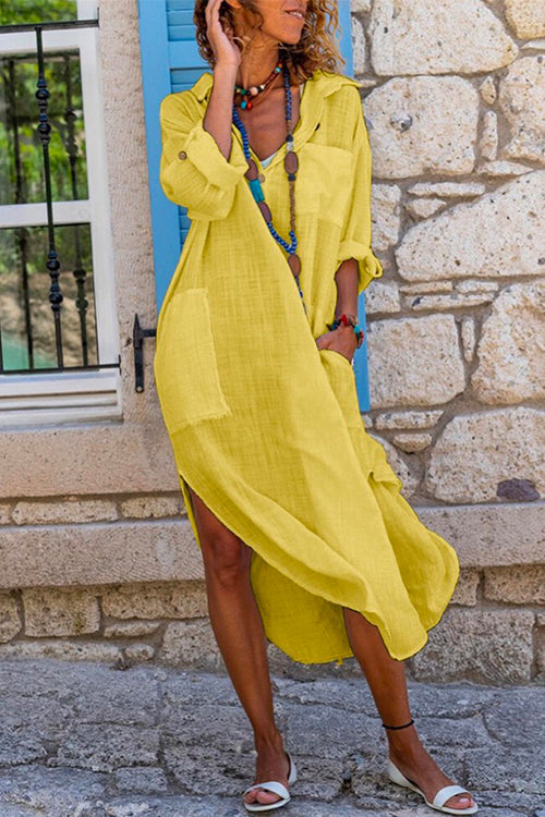 Margovil Buttons Side Split Cotton Linen Shirt Dress with Pockets