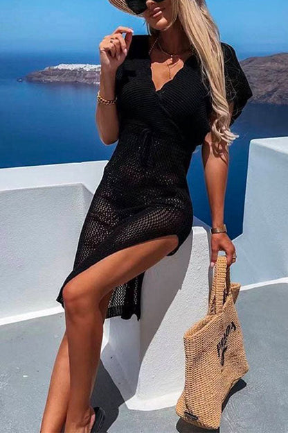 Margovil Wrap V Neck Tie Waist Side Split Cover Up Dress
