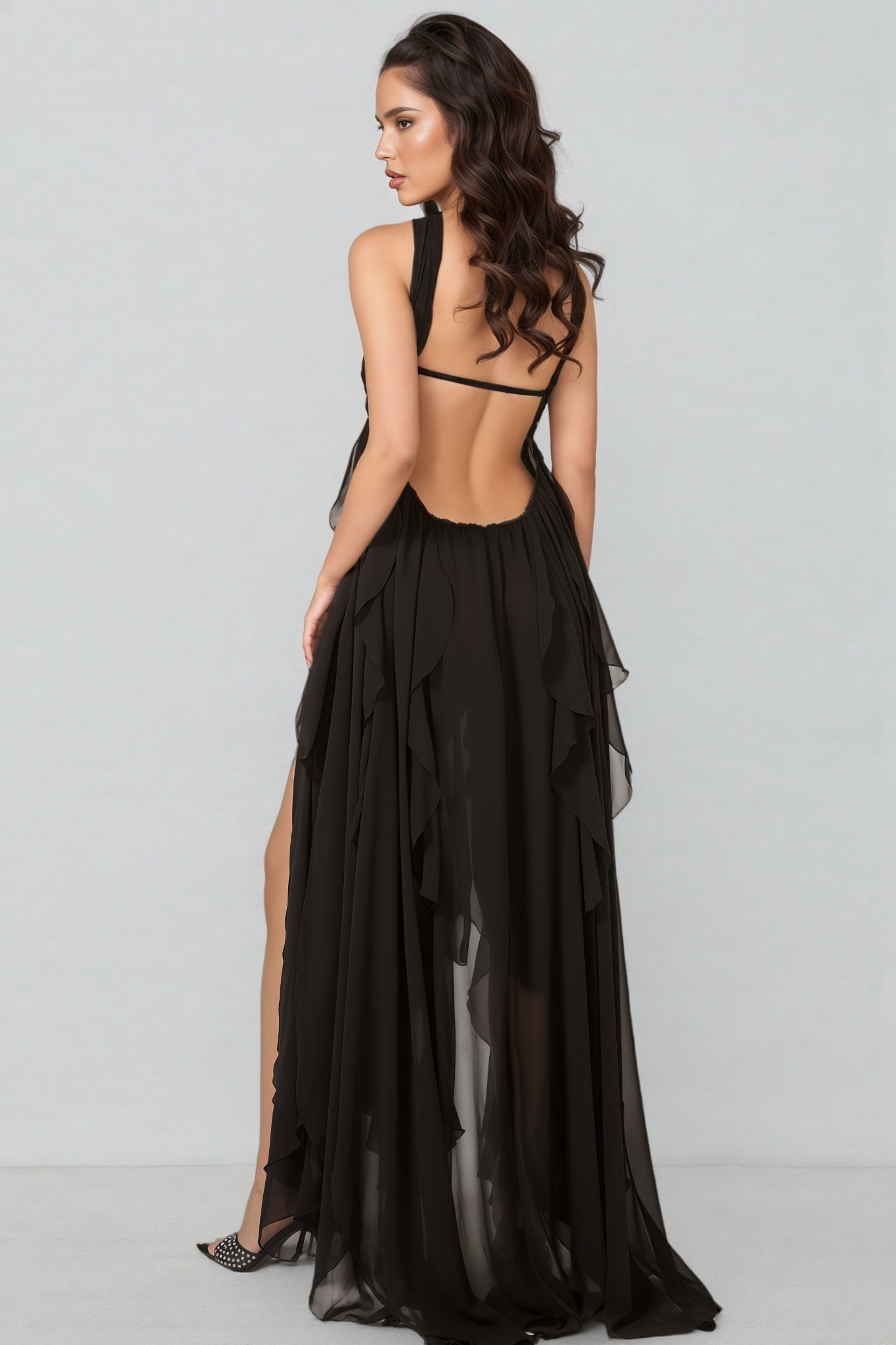 Diva Black Irregular Ruffle Maxi Dress