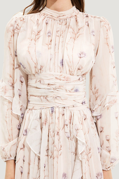 Floral Round Neck Puff Sleeve Midi Dress