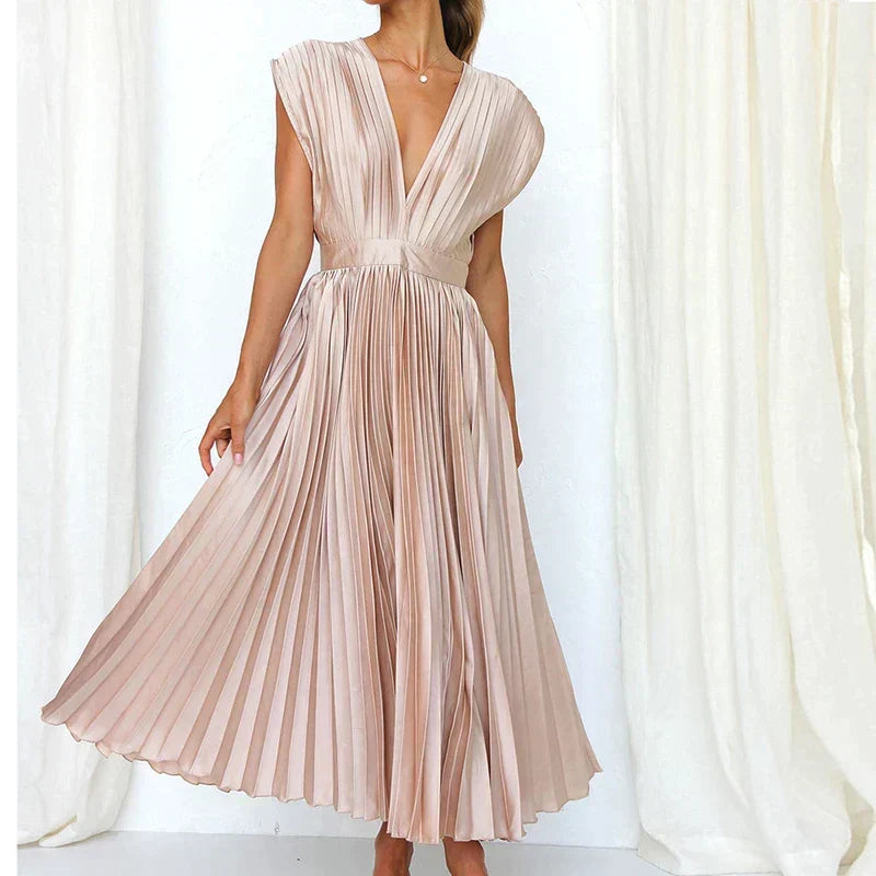 Accordion Pleat Cap Sleeve Deep V-Neck Belted A-Line Midi Dress
