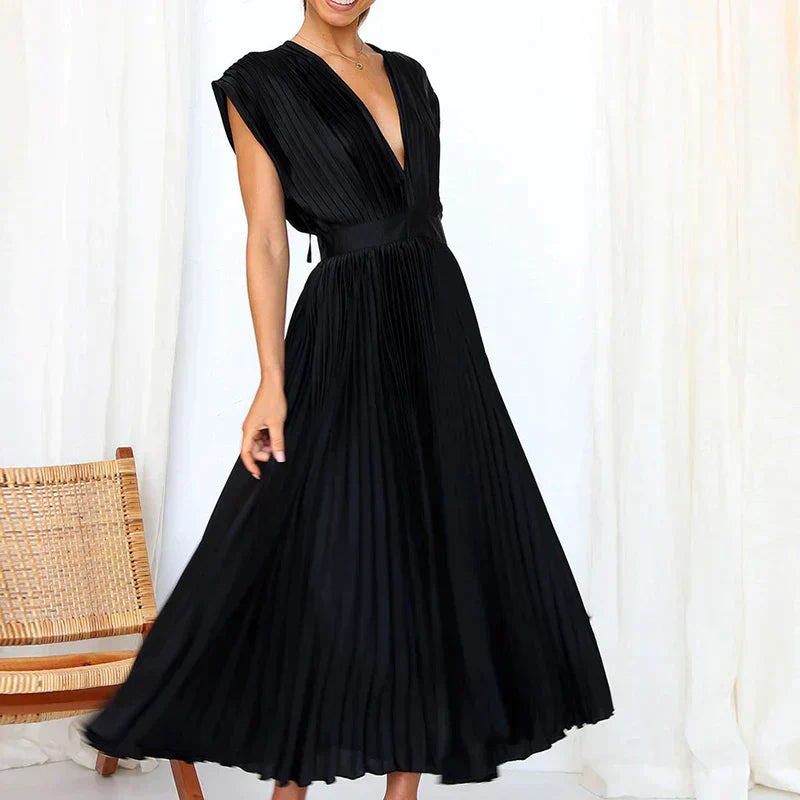 Accordion Pleat Cap Sleeve Deep V-Neck Belted A-Line Midi Dress