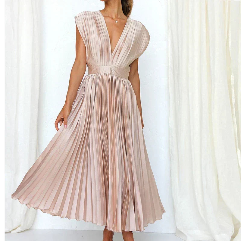 Pleated Surplice V-Neck Cap Sleeve A-Line Midi Dress