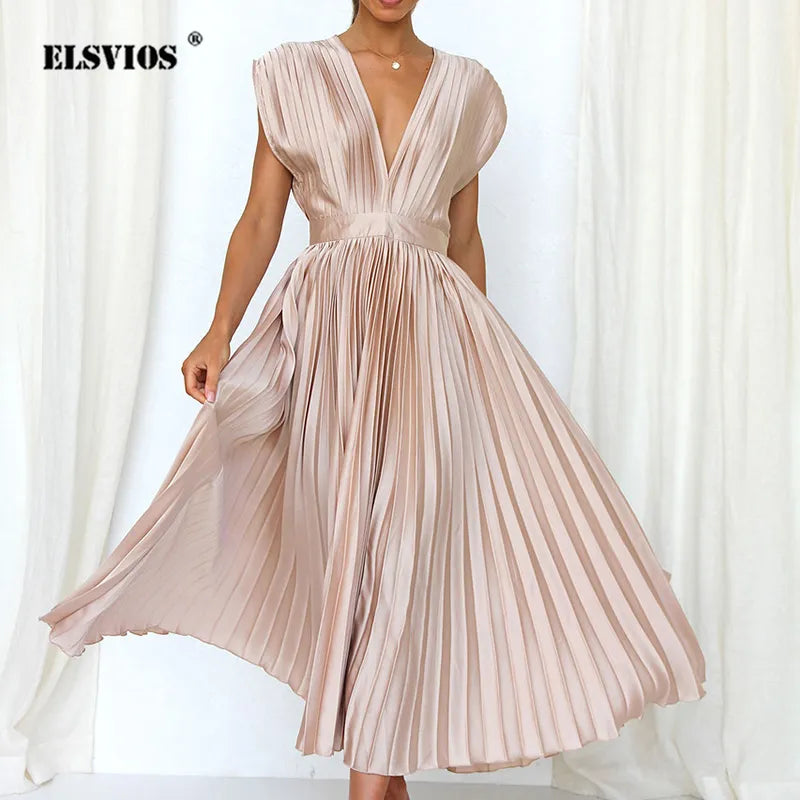 Accordion Pleat V-Neck Cap Sleeve Fit and Flare Midi Dress