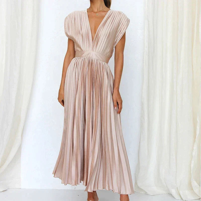 Accordion Pleat Cap Sleeve Deep V-Neck Belted A-Line Midi Dress