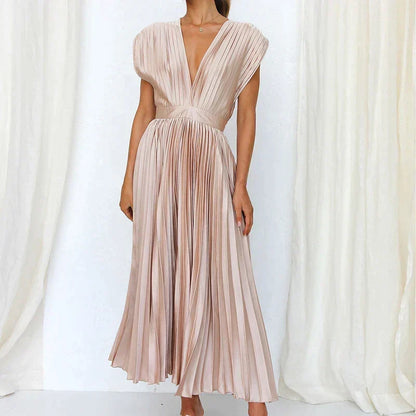 Accordion Pleat Cap Sleeve Deep V-Neck Belted A-Line Midi Dress