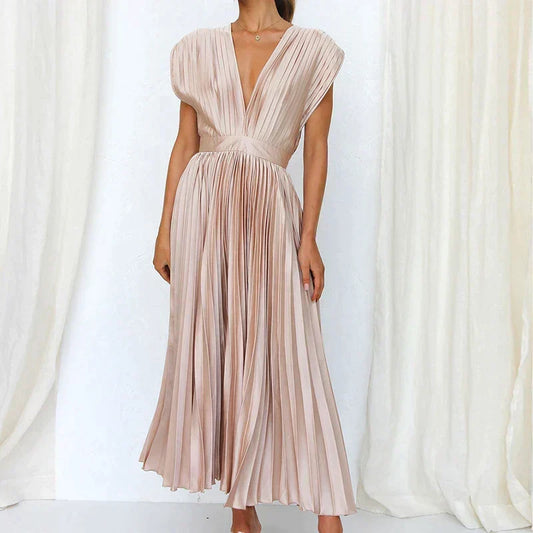 Accordion Pleat Cap Sleeve Deep V-Neck Belted A-Line Midi Dress