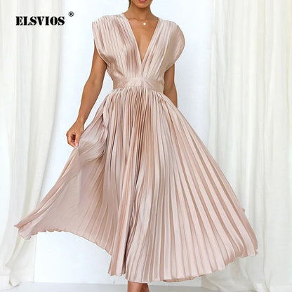 Accordion Pleat Cap Sleeve Deep V-Neck Belted A-Line Midi Dress