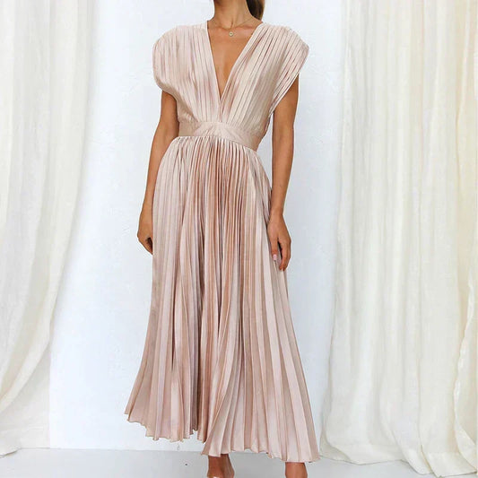 Pleated Surplice V-Neck Cap Sleeve A-Line Midi Dress