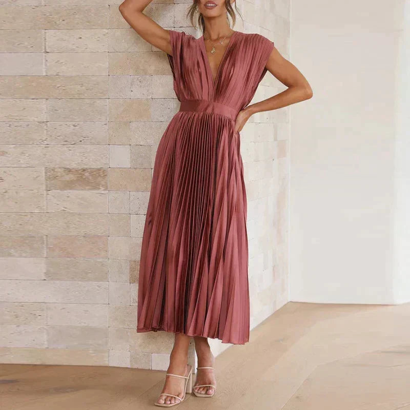 Accordion Pleat Cap Sleeve Deep V-Neck Belted A-Line Midi Dress