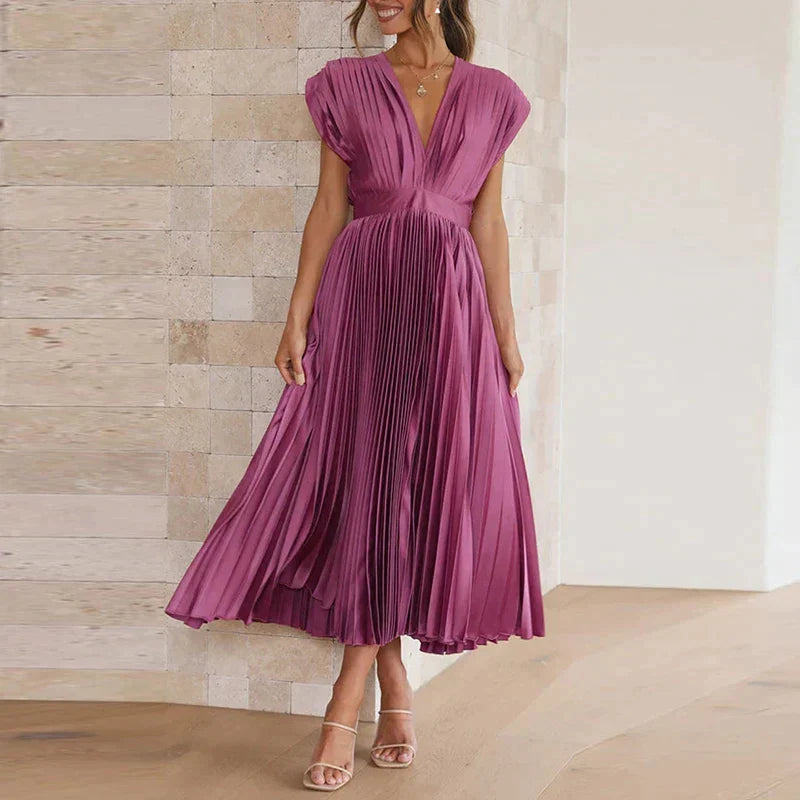 Accordion Pleat V-Neck Cap Sleeve Fit and Flare Midi Dress