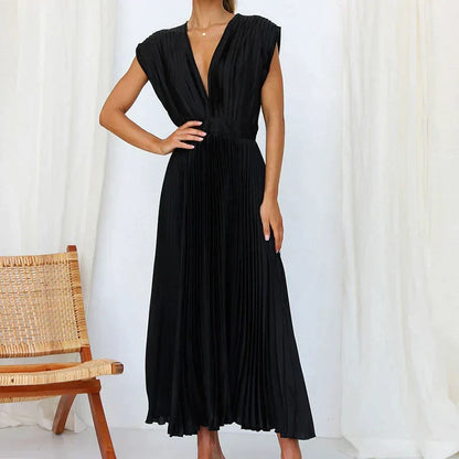 Accordion Pleat Cap Sleeve Deep V-Neck Belted A-Line Midi Dress