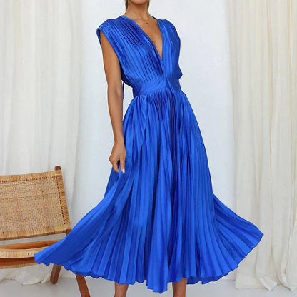 Pleated Surplice V-Neck Cap Sleeve A-Line Midi Dress