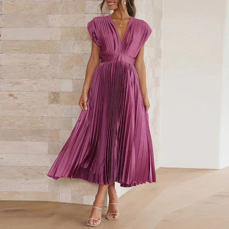 Pleated Surplice V-Neck Cap Sleeve A-Line Midi Dress