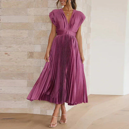 Pleated Surplice V-Neck Cap Sleeve A-Line Midi Dress
