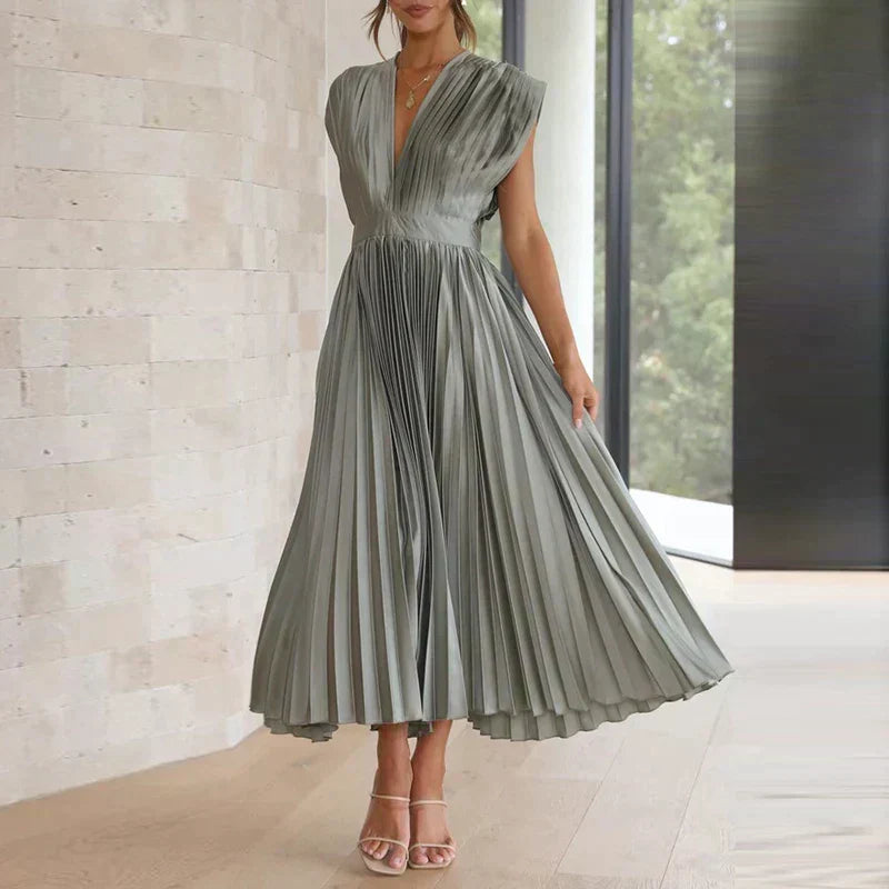Accordion Pleat Cap Sleeve Deep V-Neck Belted A-Line Midi Dress