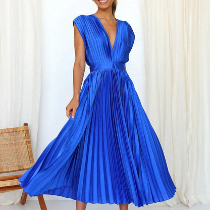 Pleated Surplice V-Neck Cap Sleeve A-Line Midi Dress