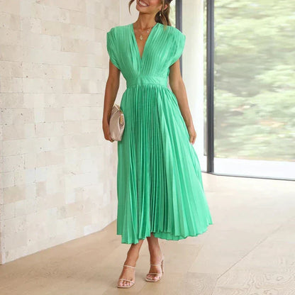 Accordion Pleat Cap Sleeve Deep V-Neck Belted A-Line Midi Dress
