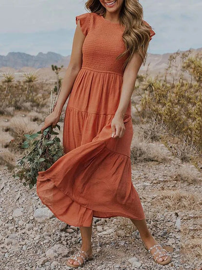 Smocked Bodice Flutter Sleeve Tiered Empire Waist Maxi Dress