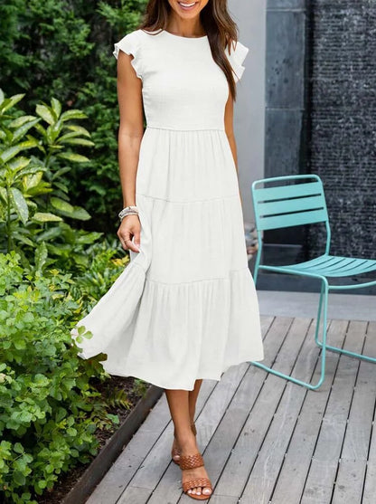 Smocked Bodice Flutter Sleeve Tiered A-Line Midi Dress