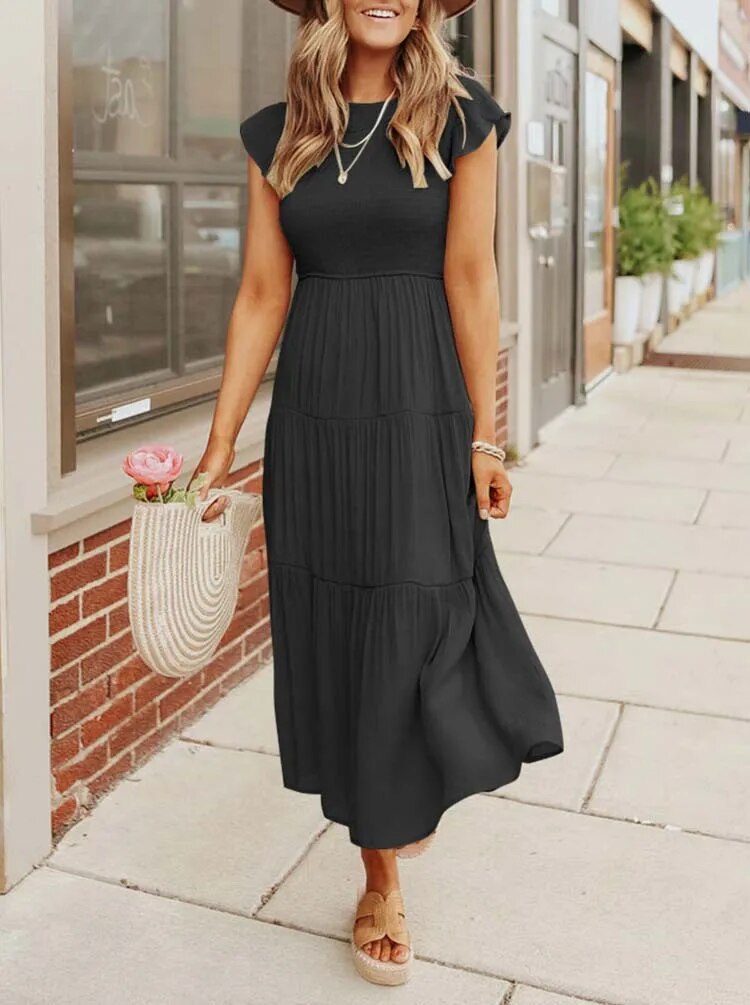Smocked Bodice Flutter Sleeve Tiered A-Line Midi Dress