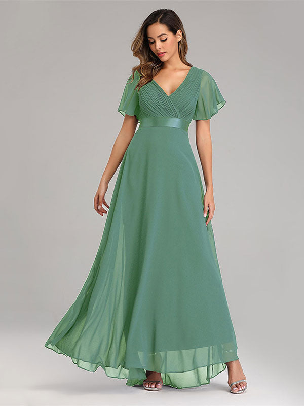 Chiffon Prom Dresses V-Neck Short Sleeves Semi Formal Maxi Dress In Burgundy