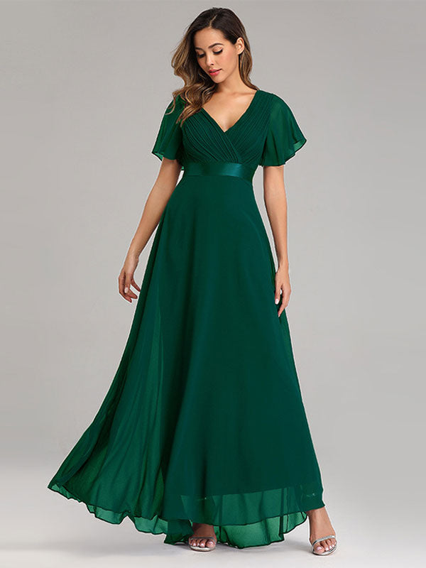 Chiffon Prom Dresses V-Neck Short Sleeves Semi Formal Maxi Dress In Burgundy