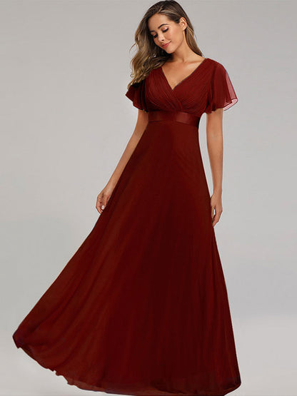 Chiffon Prom Dresses V-Neck Short Sleeves Semi Formal Maxi Dress In Burgundy