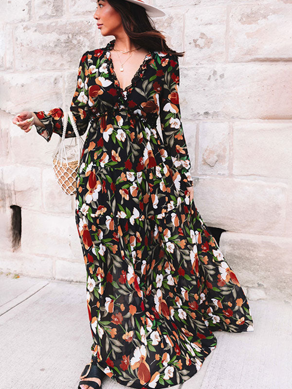 Floral Boho Maxi Dress For Women - High Waist Long Sleeve Ruffle V-Neck Gown - Spring Garden Wedding Guest 2026