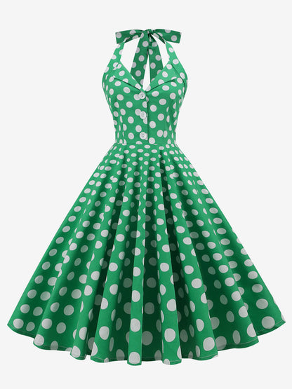 Vintage 1950s Polka Dot Midi Swing Dress for Women - Halter Neck A-Line Rockabilly Pinup Sun Dress - Holiday Picnic 2026