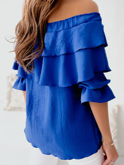 Long Sleeves Tees White Ruffles Bateau Neck Women T Shirt