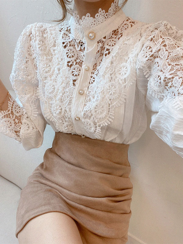 Blouse For Women Pink Lace Cut Out High Collar Casual Long Sleeves Lace Tops