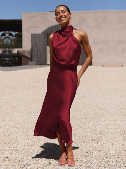 Stain Midi Party Dress Halter Sleeveless Bridesmaid Dress In Burgundy