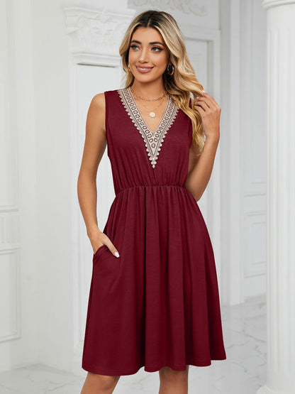 Lace V Neck Midi Dress for Women - Sleeveless A-Line Swing Sundress with Pockets - Summer Daily Casual 2026