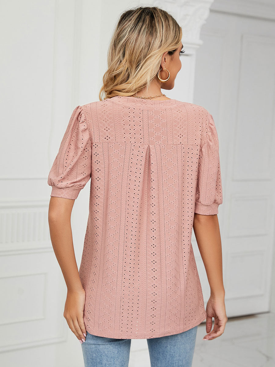 Short Sleeves Tees Blush Pink V-Neck Women Tee Shirt