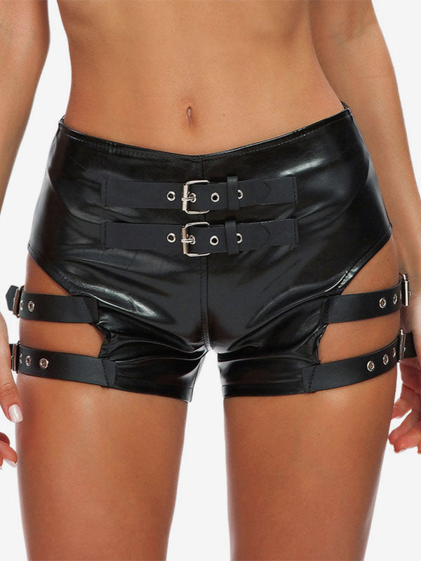 Clubwear Metal Details Sexy Black PU Leather Bottoms