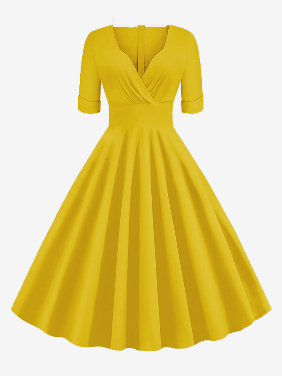 Vintage 1950s Swing Cocktail Dress for Women - V Neck Short Sleeve A-Line Ruched Bust Rockabilly Midi Gown - Wedding Guest 2026
