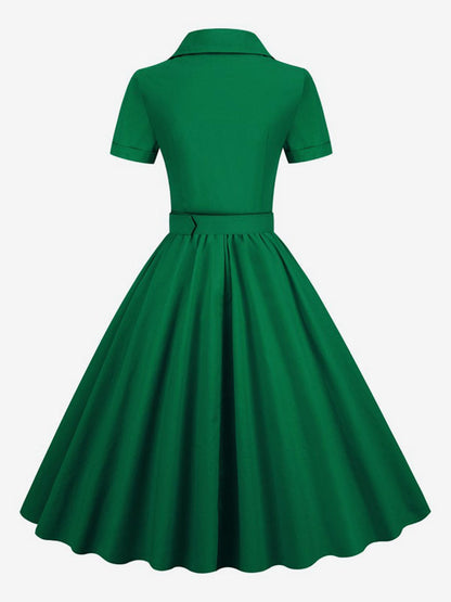 Retro Glamour Dress 1950s Style V-Neck Buttons Layered Short Sleeves Medium Rockabilly Dress