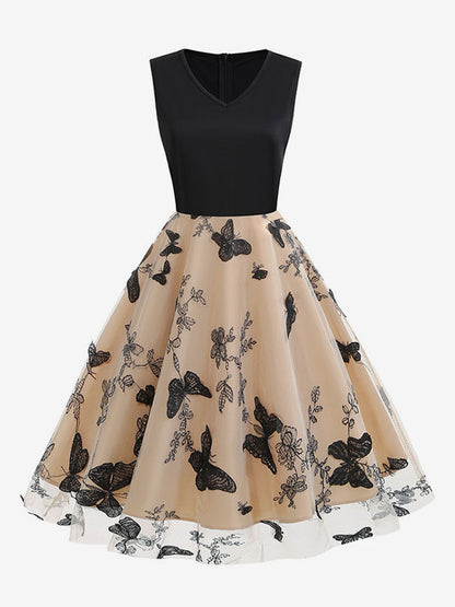 Retro Glamour Dress 1950s Black Two-Tone Layered Embroidered Sleeveless V-Neck Rockabilly Dress