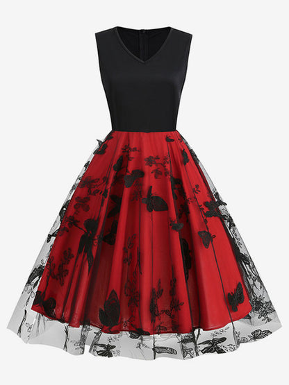 Retro Glamour Dress 1950s Black Two-Tone Layered Embroidered Sleeveless V-Neck Rockabilly Dress