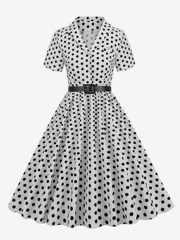 Retro Glamour Dress 1950s Style Turndown Collar Buttons Short Sleeves Polka Dot Swing Dress