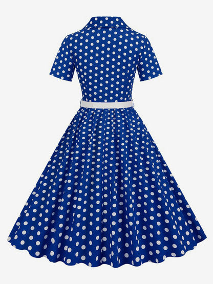 Retro Glamour Dress 1950s Style Turndown Collar Buttons Short Sleeves Polka Dot Swing Dress